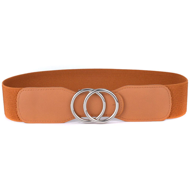 Our equestrian belt comes in a brown caramel camel color and has a silver buckle.