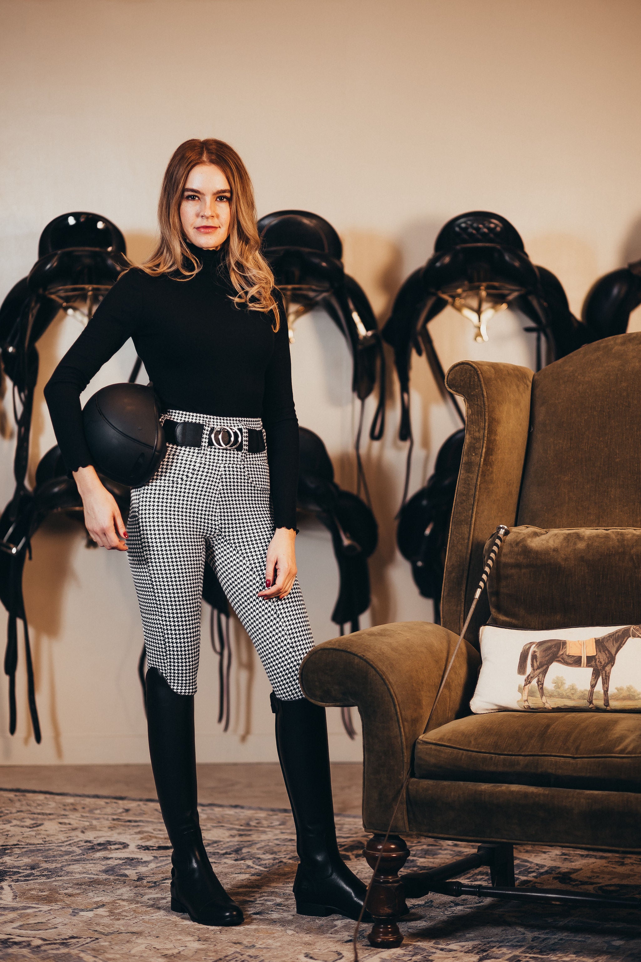 Houndstooth breeches elevate every equestrian outfit.