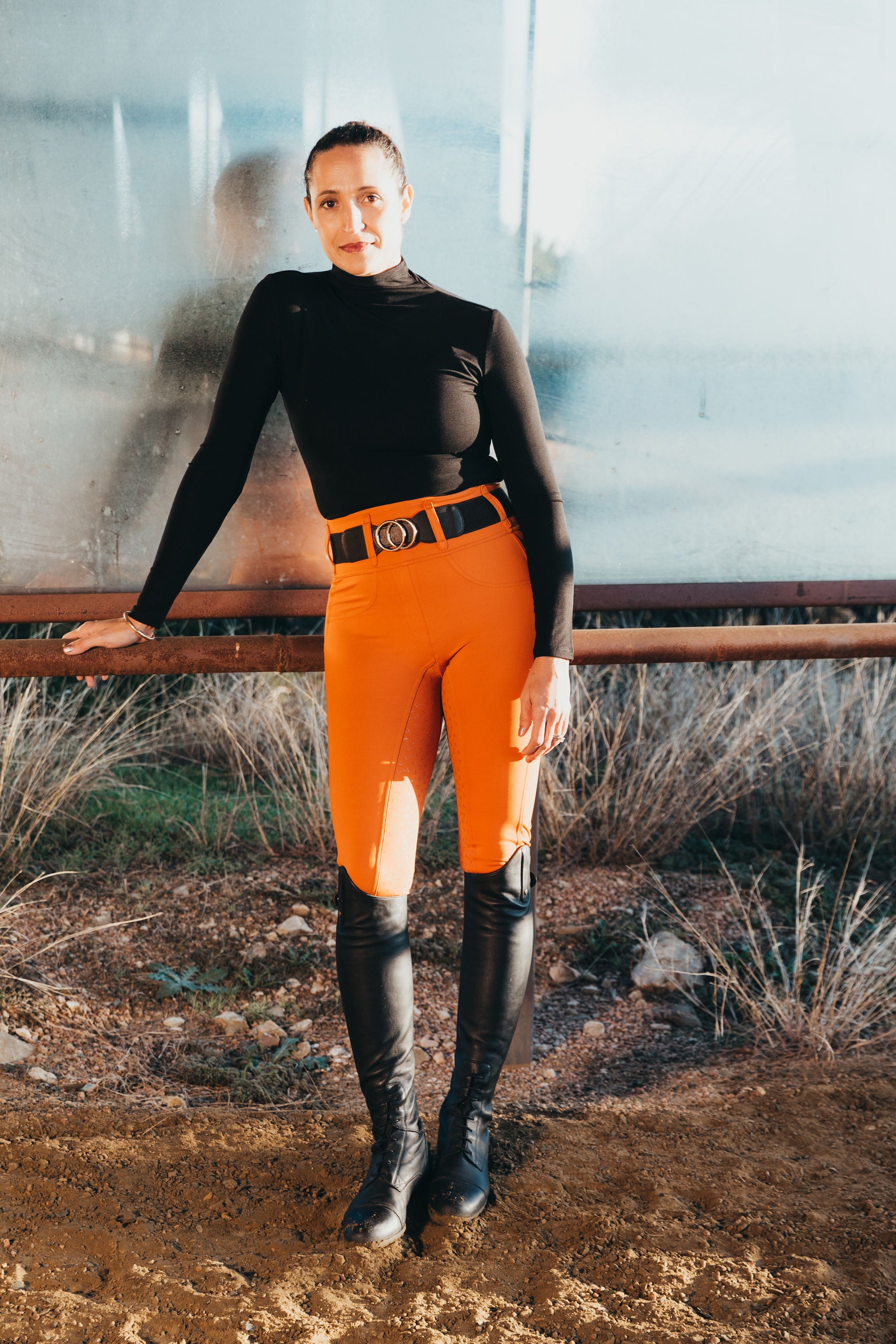 Equestrian women love Canter Culture's comfortable, soft riding tights that feature a high waist and 2" belt loops.