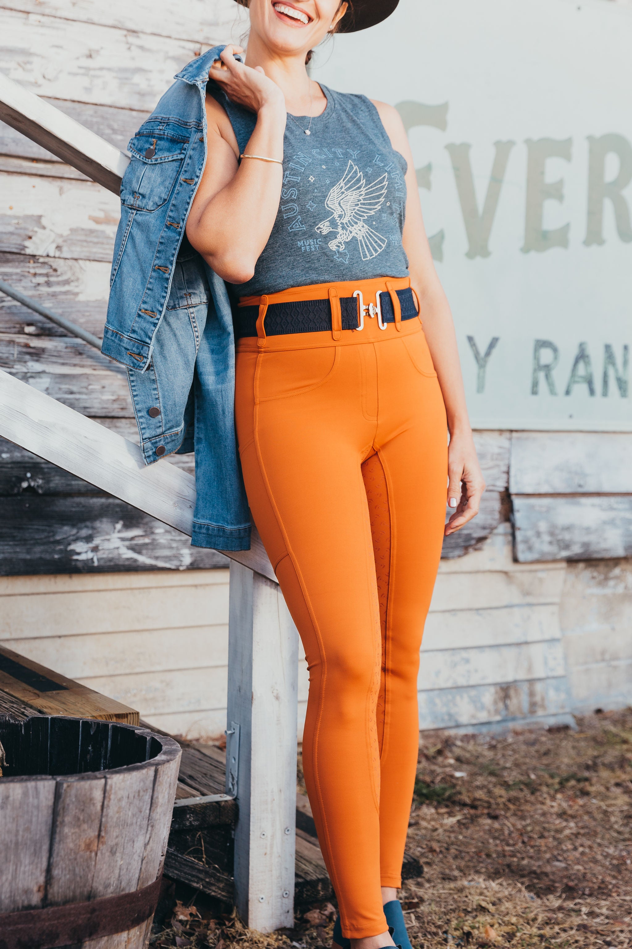 Canter Culture's glazed ginger riding pants look great with a belt and jacket.